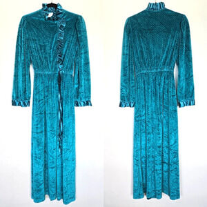 Vintage Say-Lu Robe Womens M Rare Teal Ruffle Velvet Swiss Dot Victorian Regency